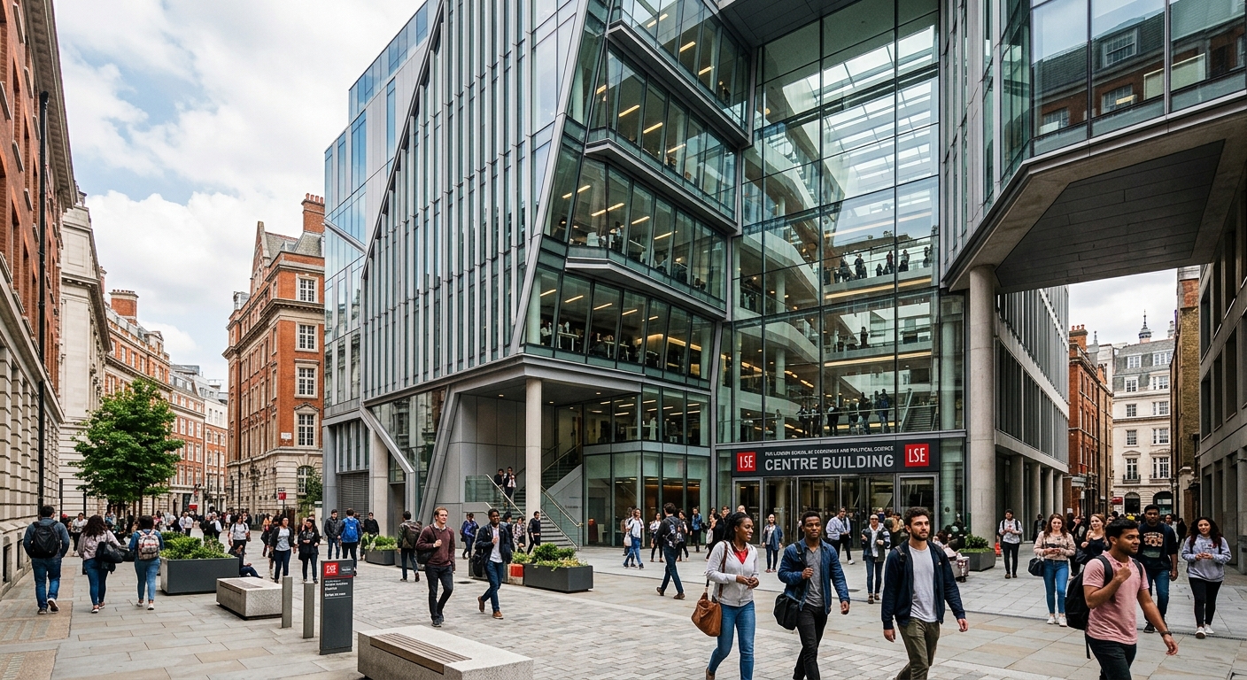 The LSE Centre Building, a modern glass and steel structure with open atrium, students walking through the ground floor plaza, contemporary architecture contrasting with historic London buildings