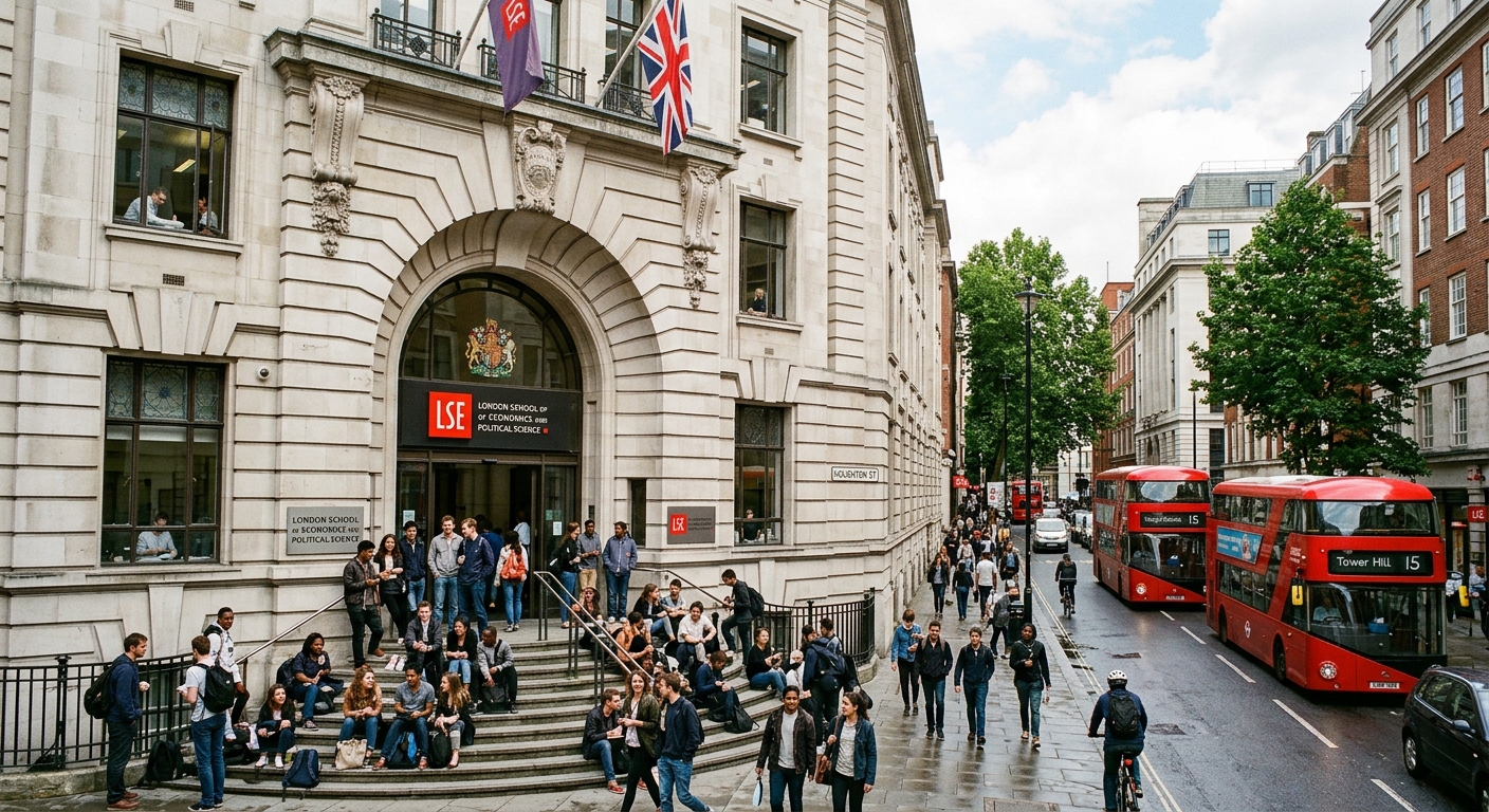 LSE Old Building on Houghton Street with its classic early 20th century Portland stone facade, arched entrance, students gathered on the steps, red London buses passing by