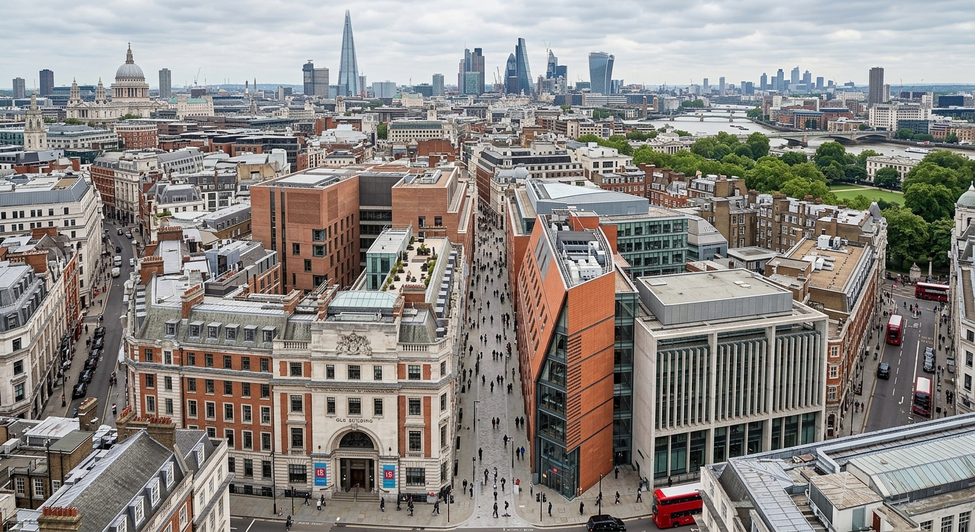 London School of Economics campus aerial view showing Houghton Street and the iconic Old Building alongside modern architecture, with central London skyline and rooftops visible in the background under overcast skies
