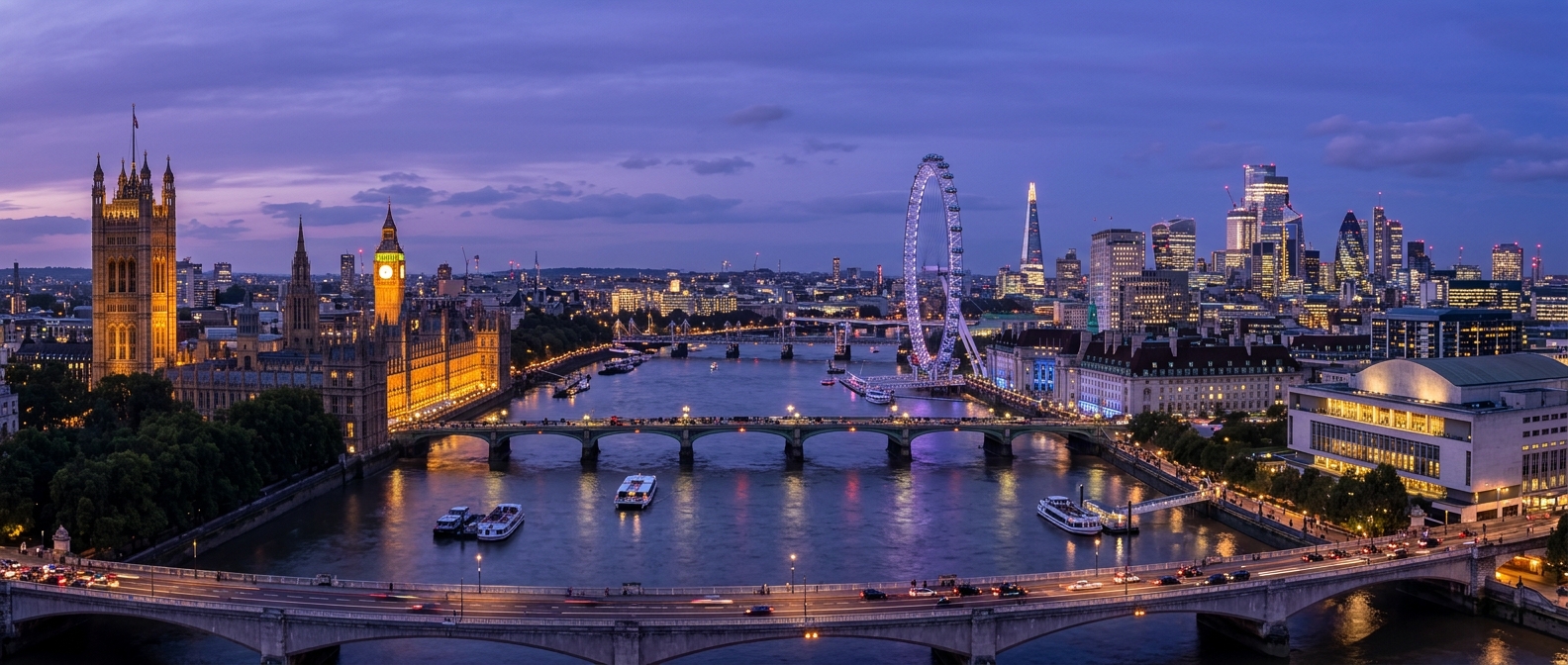 Panoramic view of central London skyline at dusk showing the River Thames, Big Ben and the Houses of Parliament, the London Eye, and the City of London financial district skyscrapers illuminated against a purple-blue sky