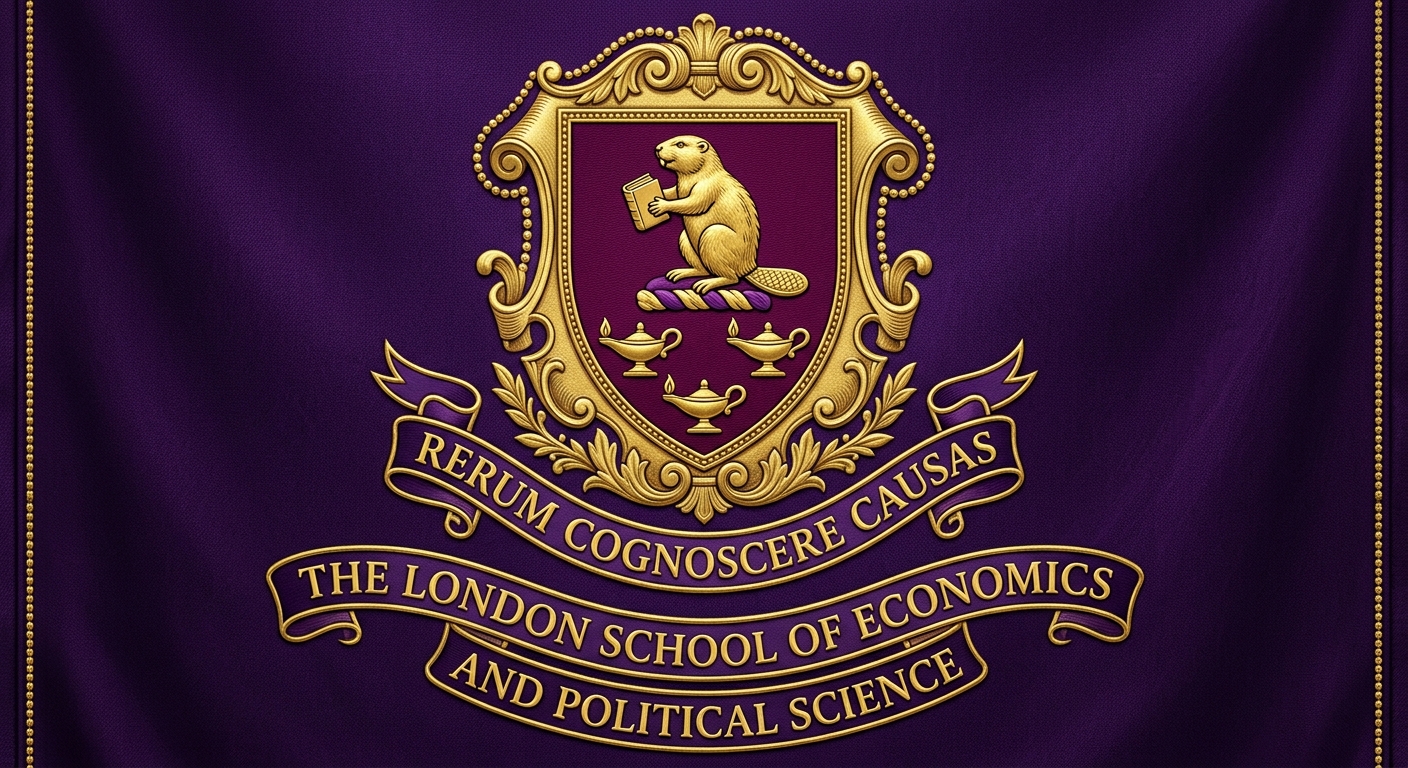 London School of Economics and Political Science official logo featuring the LSE shield with a beaver mascot and the Latin motto Rerum Cognoscere Causas on a purple and gold crest