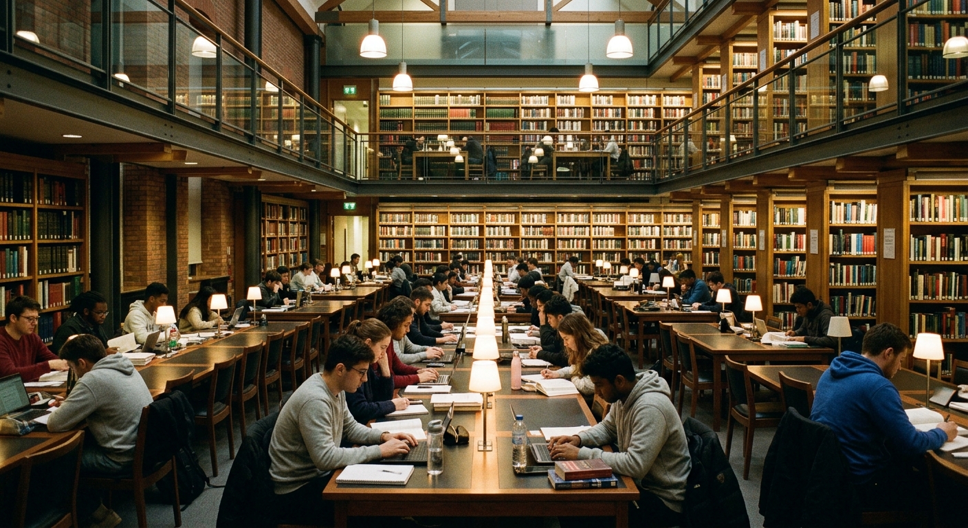 The British Library of Political and Economic Science interior showing rows of study desks, bookshelves filled with academic texts, warm lighting, and students studying quietly